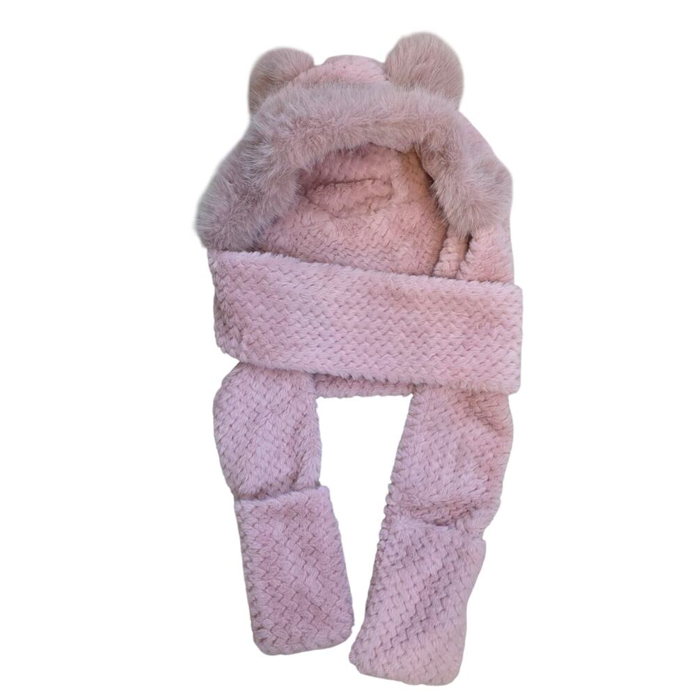 Pink Faux Fur Hooded Scarf Womens Plush Bear Ear Hood Mittens Winter Y2K